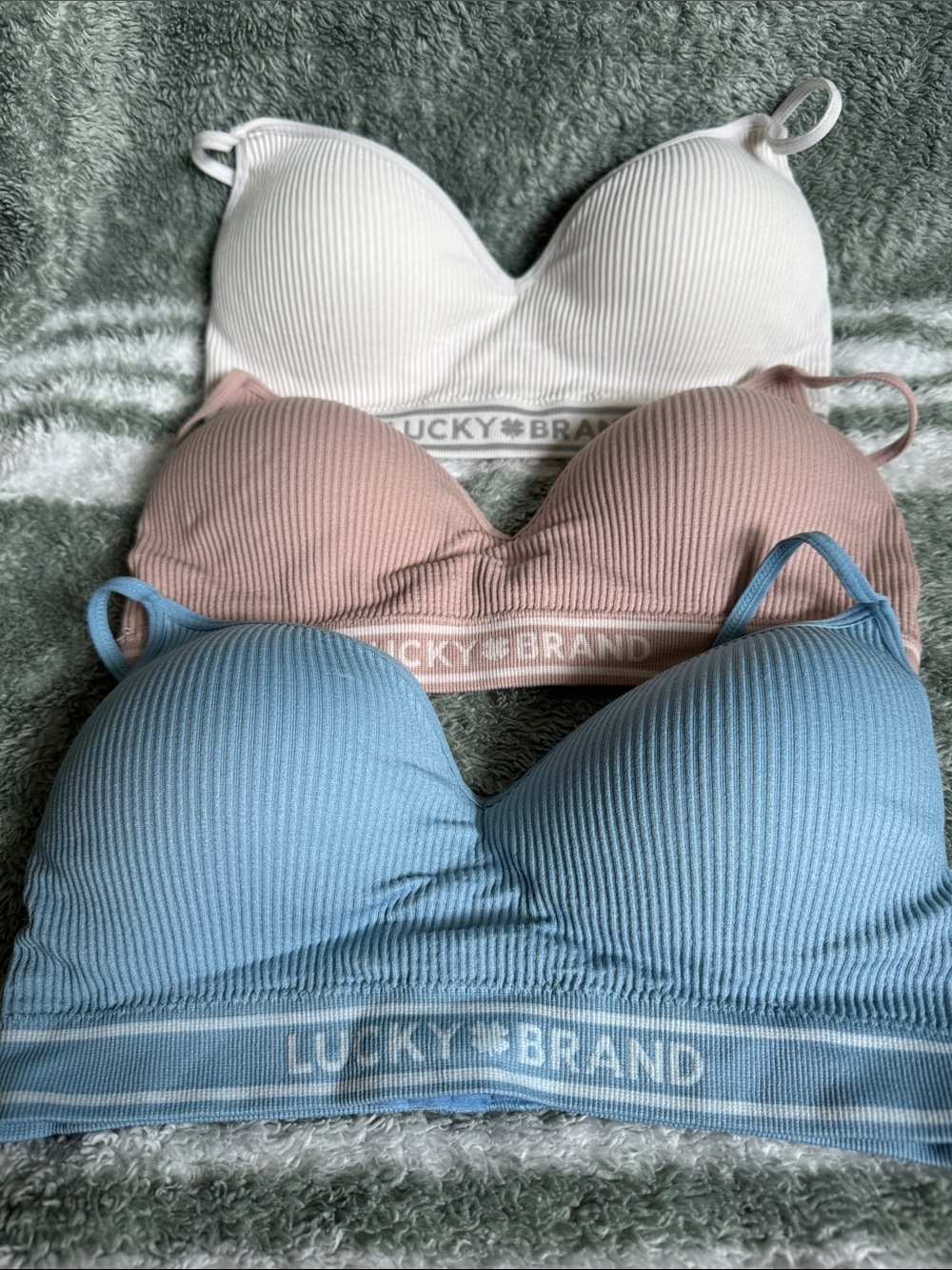 Lucky Brand Ribbed Seamless Bralette Trio - White, Blush, Light Blue
